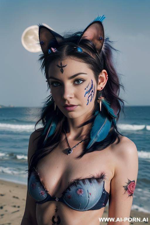 face, ((sexy)), beautiful, ((face painting)), ((bikini as seashell)), ((tattoo roses)), ((moon)), ((night)), ((eyes shw)), ((angel wings)), ((darkness)), ((dark)), ((rainbow hair)), ((one rose in hair) - #main