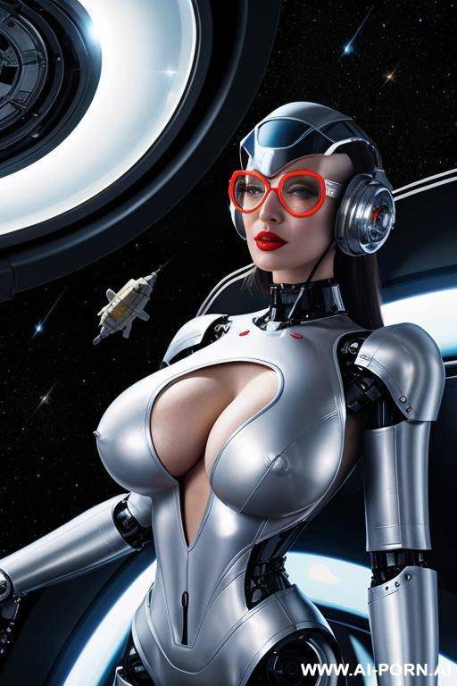 space ship totally naked. hairy pussy. large perky teardrop saggy breasts. make up, busty lip heavy make up big eye seductive nipple piercing, robot, helmet, white flou, glasses flou red - #main
