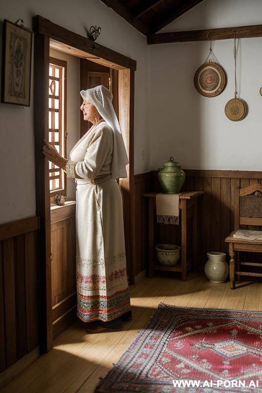 an elderly ukrainian woman from a remote village in the sumy region is getting ready for bed in a modest rural home. it is night. the soft glow from a single light source gently - #main