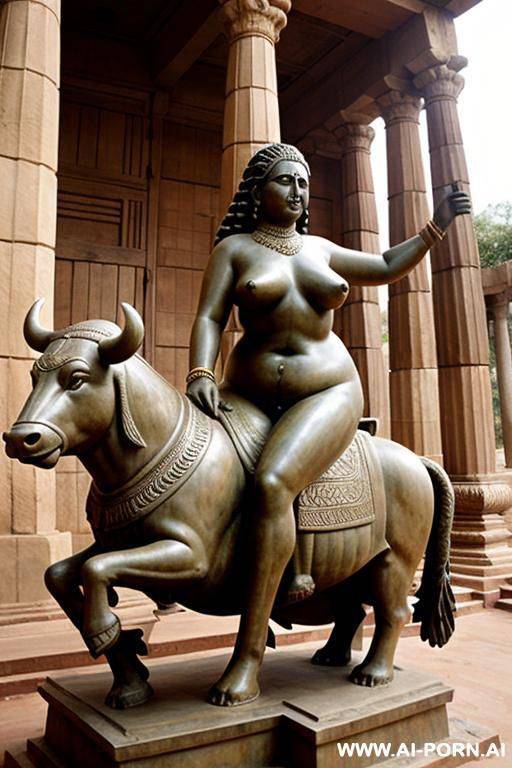 ancient indian chubby full naked female with shaved vagina is riding on a statue of a big bull - #main