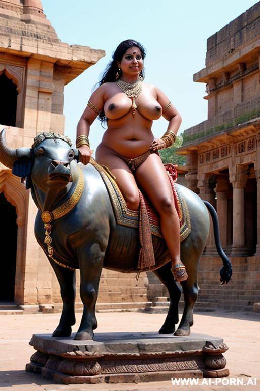 ancient indian chubby full naked female with shaved vagina is riding on a statue of a bull - #main