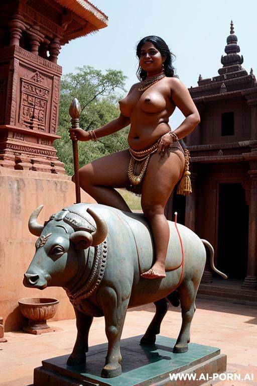 a full naked indian chubby female temple servant with shaved vagina is riding on a statue of a bull - #main