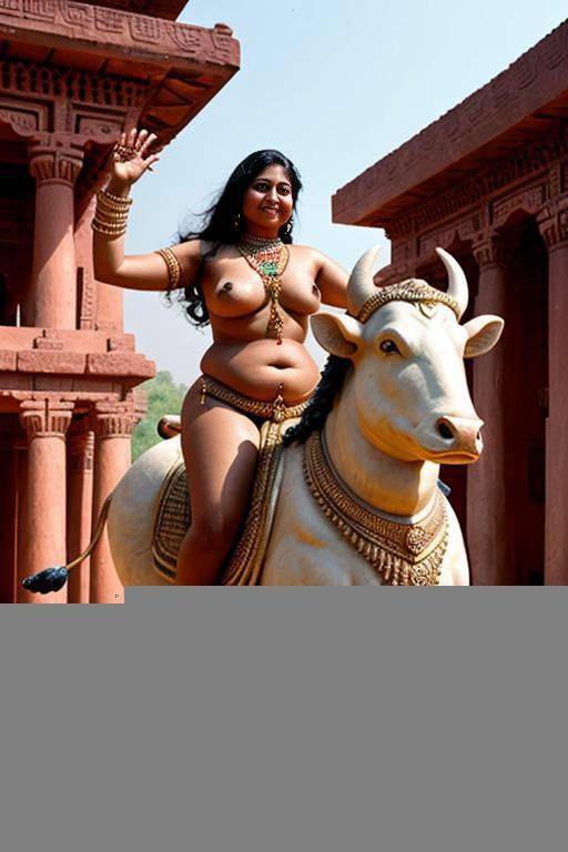 a full naked indian chubby female temple servant with shaved vagina is riding on a giant statue of a bull - #main