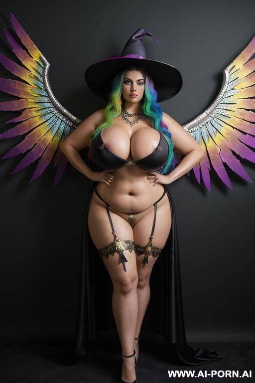((super giant woman )), ((woman with wings)), long rainbow crimped hair, (((massive boobs))), (((saggy saggy saggy gigantic boobs))), huge, enormously gigantic tits, ((extremely huge teardrop boobs)),, - #main