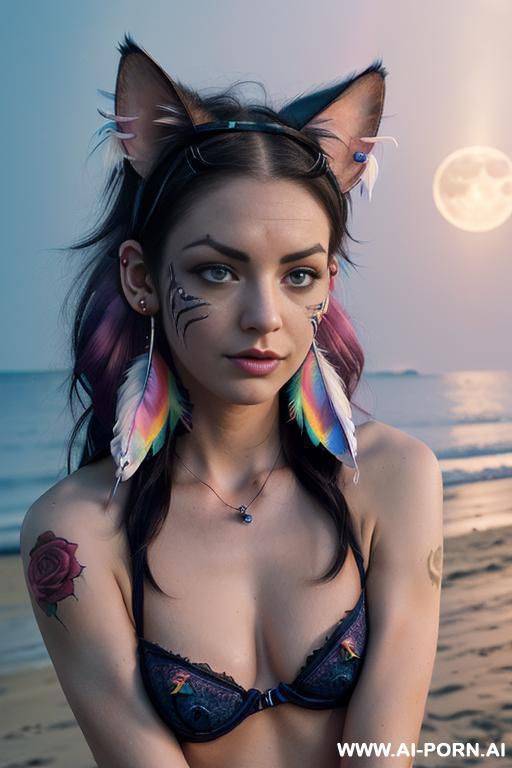 face, ((sexy)), beautiful, ((face painting)), ((bikini as seashell)), ((tattoo roses)), ((moon)), ((night)), ((eyes shw)), ((angel wings)), ((darkness)), ((dark)), ((rainbow hair)), ((one rose in hair) - #main