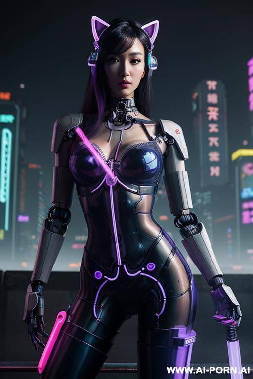 beautiful realistic woman ((woman fully robotic mechanic body)), (((holding electric and luminous neon violet sword))), ultra detailed, finely detail, highly detailed face, highly detailed eyes, highly - #main