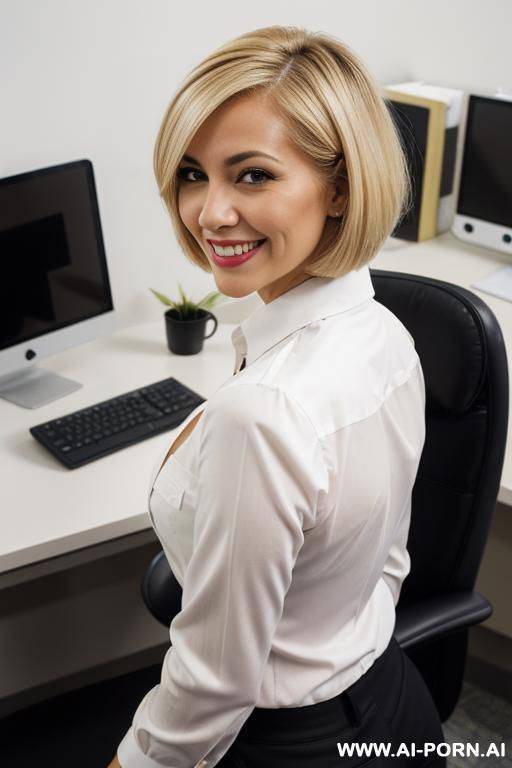 messy, bobcut hair, medium hair, white shirt, big ass - #main