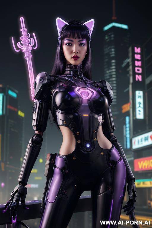 beautiful realistic woman ((woman fully robotic mechanic body)), (((holding electric and luminous neon violet spear))), ultra detailed, finely detail, highly detailed face, highly detailed eyes, highly - #main