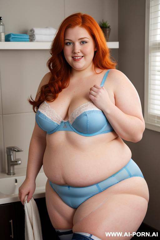 half-length photo, as a setting in the laundry area, a fat chubby ((obese)) fat thick and bbw redhead british, she is washing clothes. she has lovehandless and a soft medium tummy. she is - #main