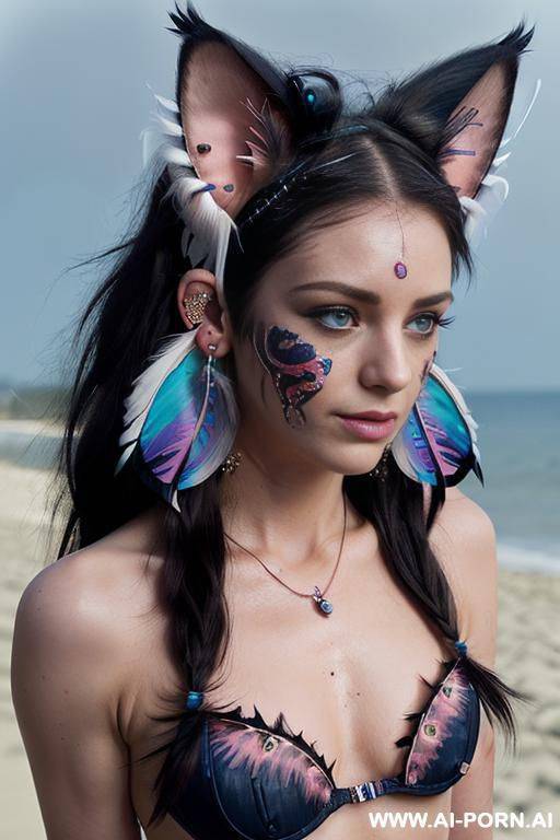 face, ((sexy)), beautiful, ((face painting)), ((bikini as seashell)), ((tattoo roses)), ((moon)), ((night)), ((eyes shw)), ((angel wings)), ((darkness)), ((dark)), ((rainbow hair)), ((one rose in hair) - #main