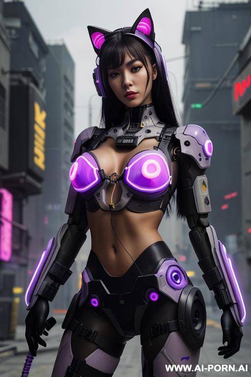 beautiful realistic woman ((woman fully robotic mechanic body)), (((holding electric and luminous neon violet assault rifle))), ultra detailed, finely detail, highly detailed face, highly detailed eyes, - #main