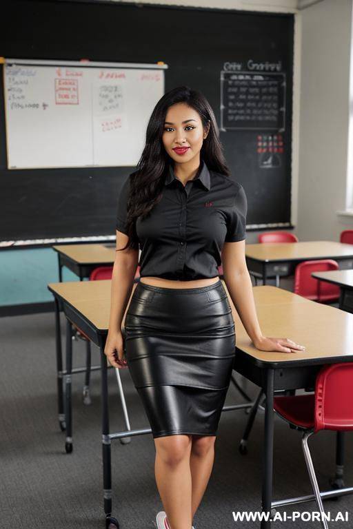 tight black leather pencil skirt, fishnet black pantyhose, red cotton shirt, black converse sneakers - #main