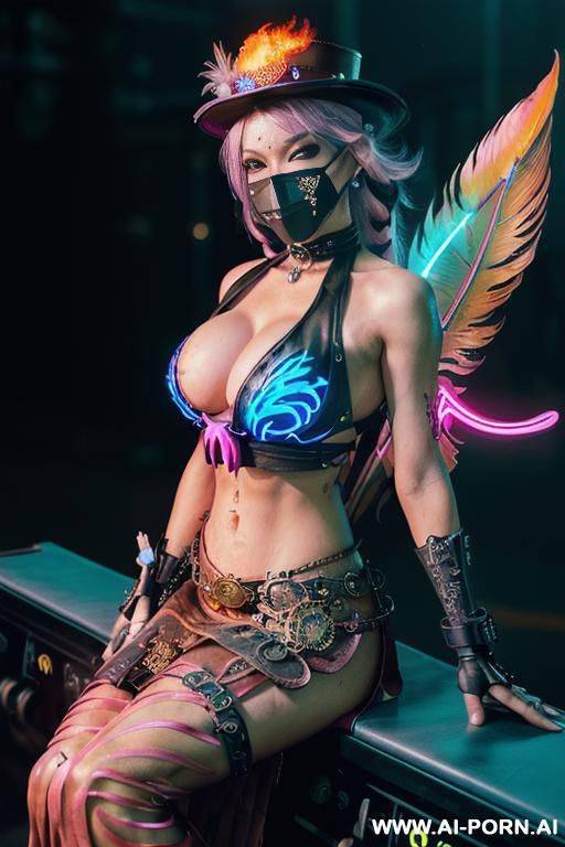 ((((masterpiece)))), (((woman sitting))), (glowing red eyes), (long blue purple and white hair with a flower), ((crop top white collar shirt with red tie)), ((((flaming angel wing)))), ((navy formal - #main