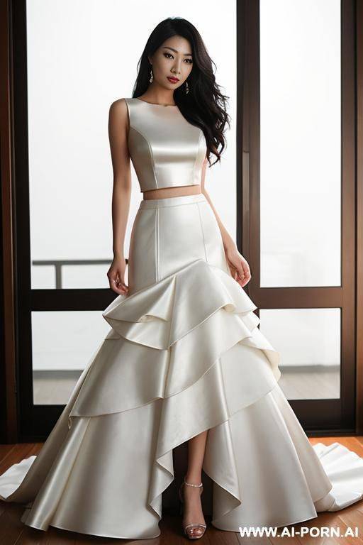 woman asian woman in wedding dress top and leather skirt - #main