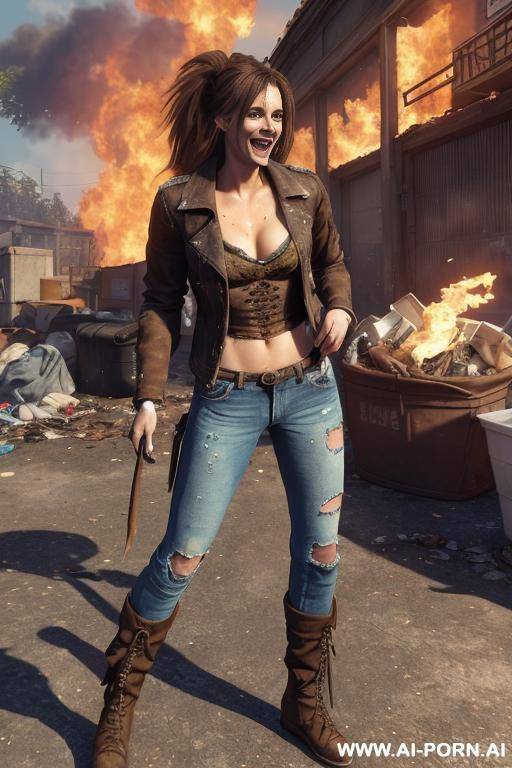 a woman with brown hair is wearing worn and bleached out, ripped and light blue pants and an old jeans jacket. she has long, messy brown hair. there ist lot of trash around. she looks punky - #main