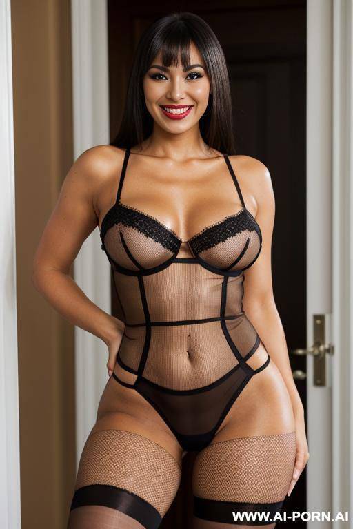tight fishnet bodystocking, transparent crotch fishnet bodystocking, see through fishnets, fishnet bodysuit, (tight black tanga: 1.2), thigh highs, (camel toe: 1.2) - #main