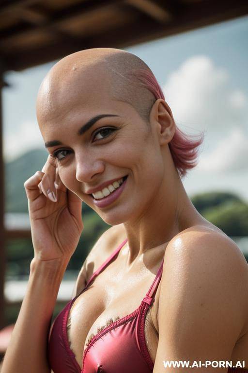 ((2 realistics pictures)), best quality, highly detailed, sporty housewife, blond hair, beautiful face, we see her naked tits, (natural normal sized tits), naked, hairy pubic, smiling, sit, (legs - #main