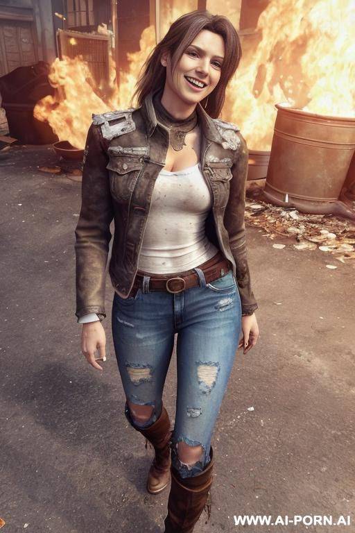 a woman with brown hair is wearing worn and bleached out, ripped and light blue pants and an old jeans jacket. she has long, messy brown hair. there ist lot of trash around. she looks punky - #main