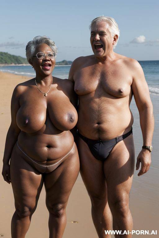 ebony granny, dressed in a bikini, standing in front, on a beach, (((standing with her husband))), curvy, body, gray hair, bottomheavy, big, ass, huge, gigantic, thick, thighs, massive, woman, pov, (((topless))), embarressed - #main