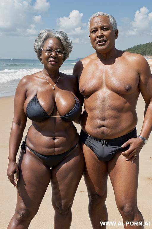 ebony granny, dressed in a bikini, standing in front, on a beach, (((standing with her husband))), curvy, body, gray hair, bottomheavy, big, ass, huge, gigantic, thick, thighs, massive, woman, pov, (((topless))) - #main