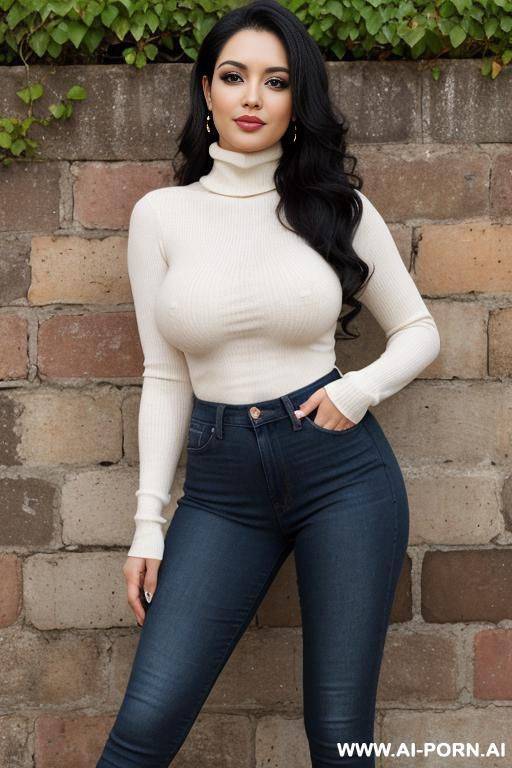 pretty, brazilian, 30, wavy black hair, saggy boobs, slight smile, makeup, blusher, standing, spreading legs, turtleneck, jeans, walled garden background. - #main
