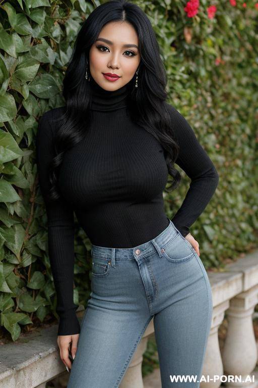 pretty, philippina, 30, wavy black hair, saggy boobs, slight smile, makeup, blusher, standing, spreading legs, turtleneck, jeans, walled garden background. - #main