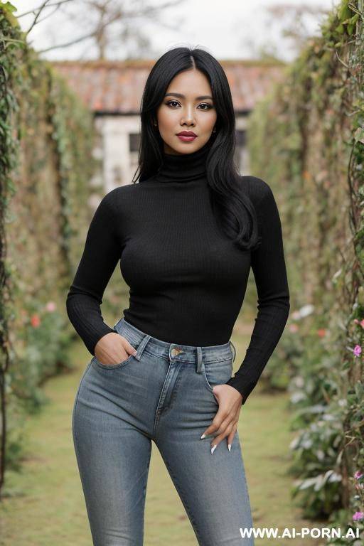 pretty, philippina, 30, messy black hair, saggy boobs, slight smile, makeup, blusher, standing, spreading legs, turtleneck, jeans, walled garden background. - #main