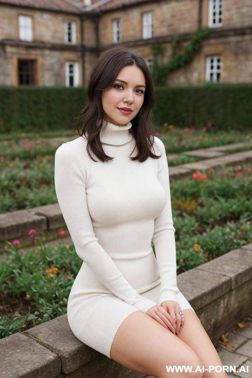 pretty, ukrainian, 30, messy dark brown hair, white skin, natural boobs, slight smile, makeup, blusher, sitting, spreading legs, turtleneck dress, walled garden background. - #main