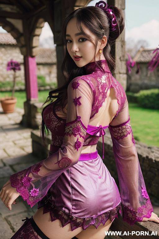 pretty, ukrainian, 30, messy dark brown hair, white skin, saggy boobs, slight smile, makeup, blusher, standing, spreading legs, turtleneck, fabric skirt, walled garden background. - #main