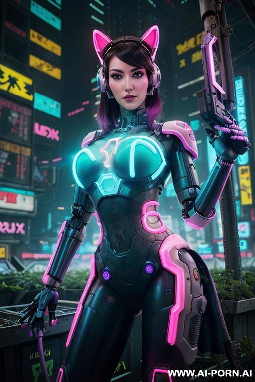 beautiful realistic woman ((woman fully robotic mechanic body)), (((holding electric and luminous neon violet assault rifle))), ultra detailed, finely detail, highly detailed face, highly detailed eyes, - #main