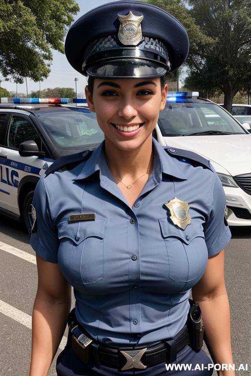 fit, athletic, 20 year old, police officer, massive breasts, smiling, standing by a car, fully clothed, wearing a police uniform - #main