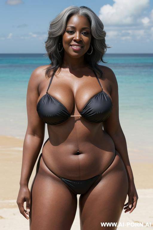 ebony granny, dressed in a bikini, standing in front, on a beach full of people, curvy, body, gray hair, bottomheavy, big, ass, huge, gigantic, thick, thighs, massive, , dggy, woman, pov, penis, - #main