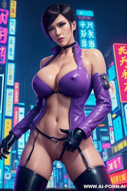 ((ghost in the shell)), cyberpunk, leather suite, rainy cyberpunk city night, background neon signs, perfect round teardrop boobs, ((big cleavage)), short leather jacket, serious, purple eyes, (purple - #main
