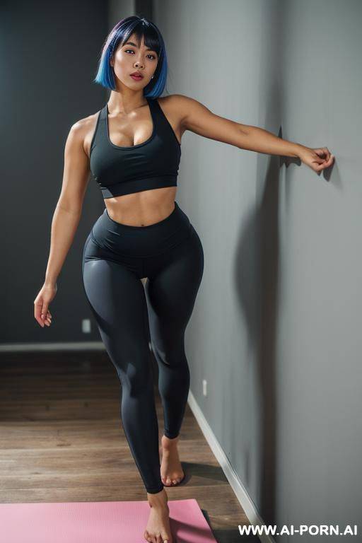 thai female , 20s, straight black hair, tone body, hourglass shape, huge breast, extra large hard nipples, firm bubble butt, green eye, red lips, wearing white leggings with camel toe and light blue tanktop - #main