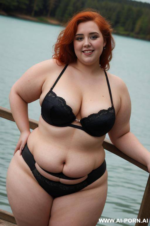 half body photo shot close up, about at blue lake, obese bbw ((obese)) curvy with love handless and tummy, she is 20 years old, wearing a sexy and hot ((red)) gartert belt lingeries. she is obese, standing with legs slightly apart. - #main