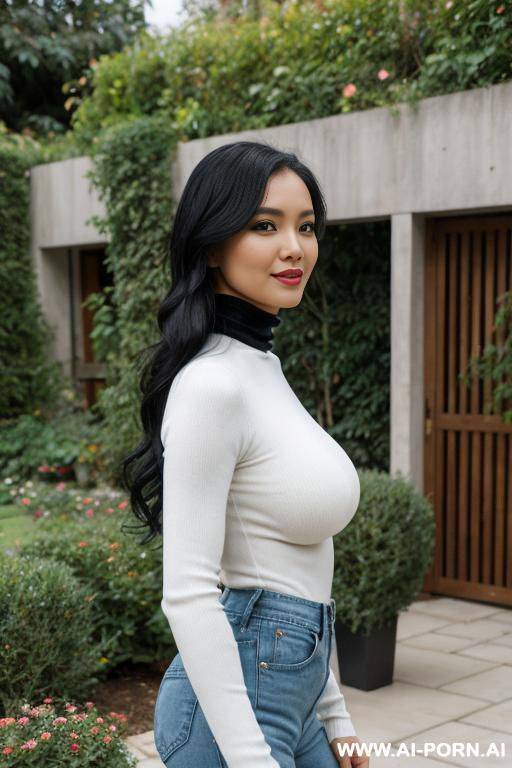 pretty, philippina, 30, wavy black hair, natural boobs, slight smile, makeup, blusher, standing, spreading legs, white turtleneck, blue jeans, garden background. - #main