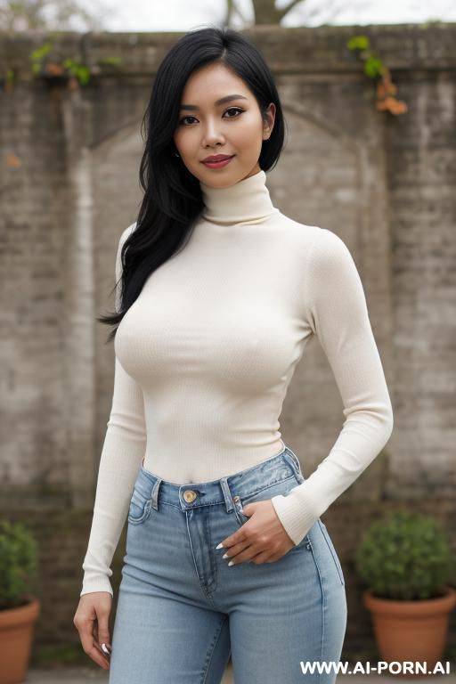 pretty, philippina, 30, messy black hair, natural boobs, slight smile, makeup, blusher, standing, spreading legs, white turtleneck, jeans, walled garden background. - #main