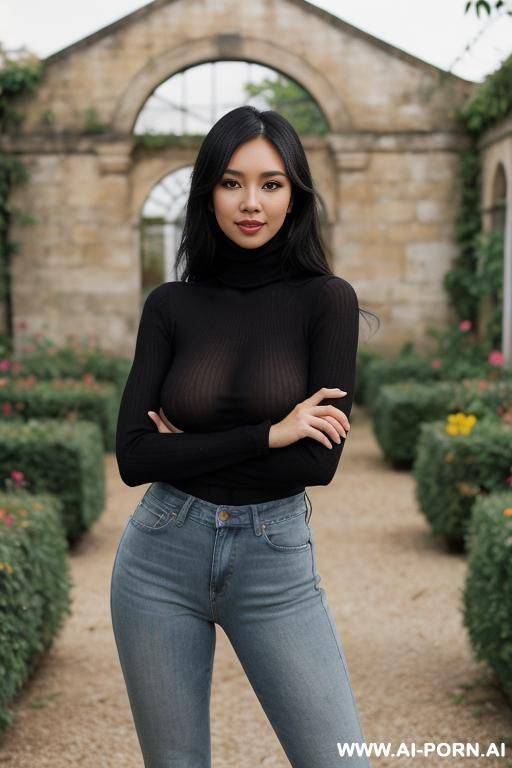 pretty, philippina, caucasian, 30, messy black hair, natural boobs, slight smile, makeup, blusher, standing, spreading legs, turtleneck, jeans, walled garden background. - #main