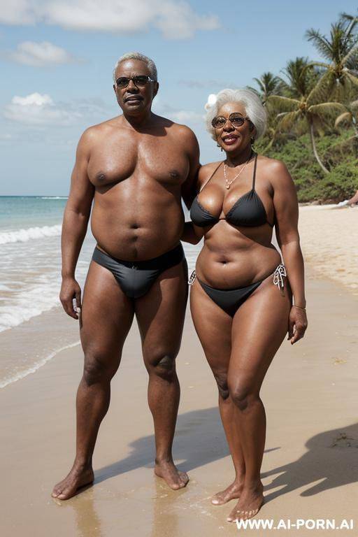 ebony granny, dressed in a bikini, (((standing in front with husband))), on a beach full of people, curvy, body, gray hair, bottomheavy, big, ass, huge, gigantic, thick, thighs, massive, - #main