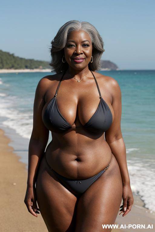 ebony granny, dressed in a bikini, (((standing in front with husband))), on a beach full of people, curvy, body, gray hair, bottomheavy, big, ass, huge, gigantic, thick, thighs, massive, , dggy, woman, pov - #main