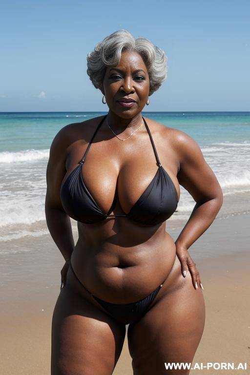 ebony granny, dressed in a bikini, standing in front, on a beach full of people, curvy, body, gray hair, bottomheavy, big, ass, huge, gigantic, thick, thighs, massive, , dggy, woman, pov, penis, - #main