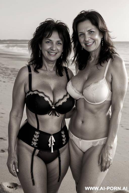 two ancient full mature lesbian females swimming at the beach, black and white milfs, - #main