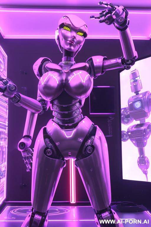 sexbot, front view, full body view, standing upright, hands on spaceship control desk, looking at viewer, beautiful seductive human face with tanned silicone skin, long straight blonde hair, big - #main