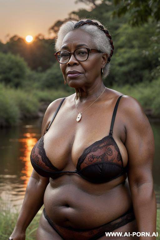 grandmother african 5 years olde, in wood, near river, with glasses, chubby, lingerie sexy red - #main