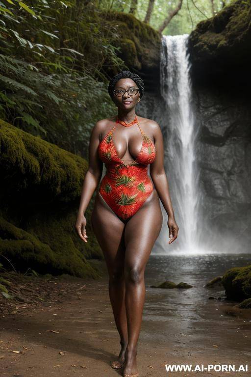 4-year-old african grandmother, medium-sized breasts, in the forest, near the waterfall, wearing glasses, red lipstick, , wearing a sexy red swimsuit with a deep, plunging neckline and floral print, - #main