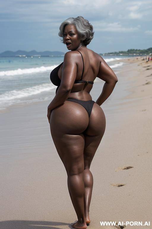 ebony granny, (((tgopless))), standing in front, on a beach full of people, curvy, body, gray hair, bottomheavy, big, ass, huge, gigantic, thick - #main