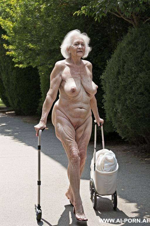 the totally naked elderly woman leans on the walker with both hands, walking slowly and cautiously, looking ahead. saggy boobs. full body frontal wiew. - #main