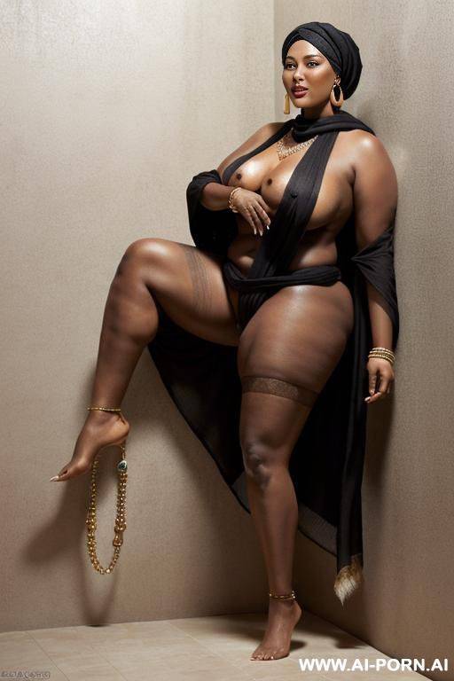 (((african women))), (((very dark skin))), (((native))), (((full body portrait))), (((obese body))), (((headscarf))), (((earrings, bracelets, necklace))), (((totally naked))), (((giant breasts, saggy breasts))), (((big swollen pussy))), (((hairy pussy))). - #main