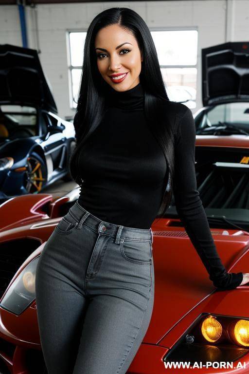woman black long hair red turtleneck jeans selfie photo in the mirror - #main