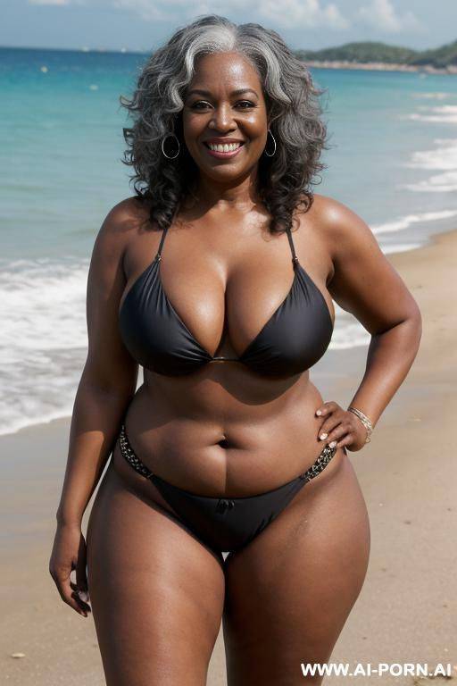 ebony granny, dressed in a bikini, standing in front, on a beach full of people, curvy, body, gray hair, bottomheavy, big, ass, huge, gigantic, thick, thighs, massive - #main